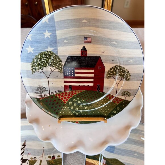 VTG Warren Kimble Americana Themed Dessert Plates Patriotic Scenes Stoneware 8" - Picture 5 of 13